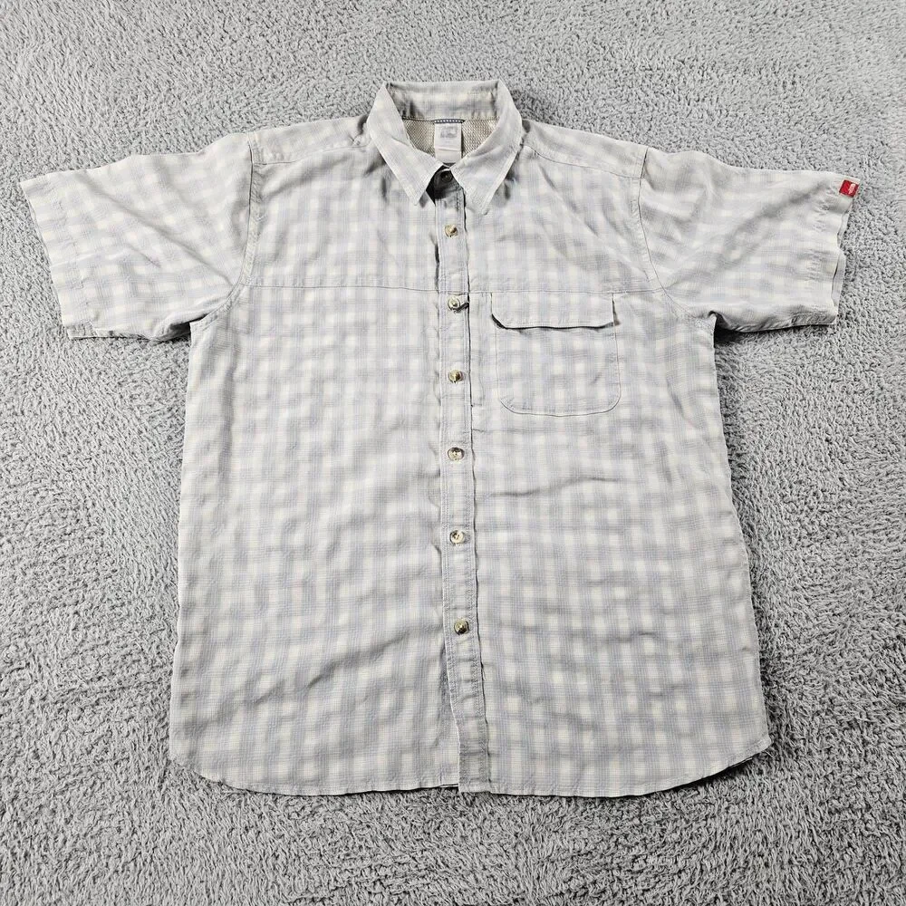 North Face Shirt Mens Medium Gray Tartan Plaid Button Up Pockets Hiking Outdoor